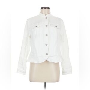 Chico's Elegant White Jean Jacket with Ruffle Detailing & Silver Hardware